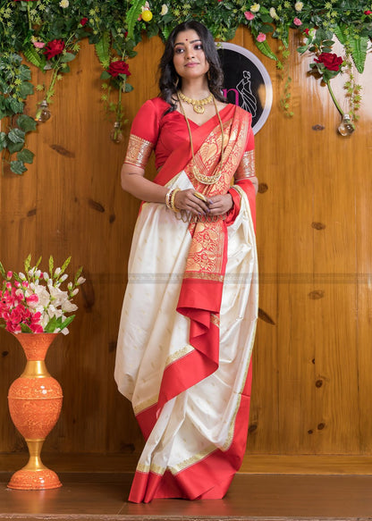 Incomparable White and Orange Orgenza Silk Saree With Fragrant Blouse Piece