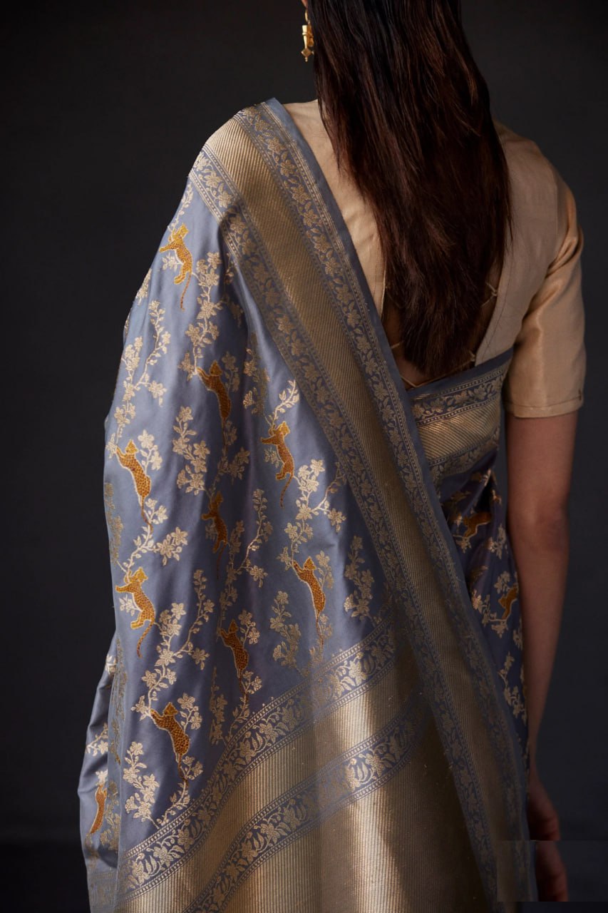 Gratifying Grey Banarasi Silk Saree With Classic Blouse Piece