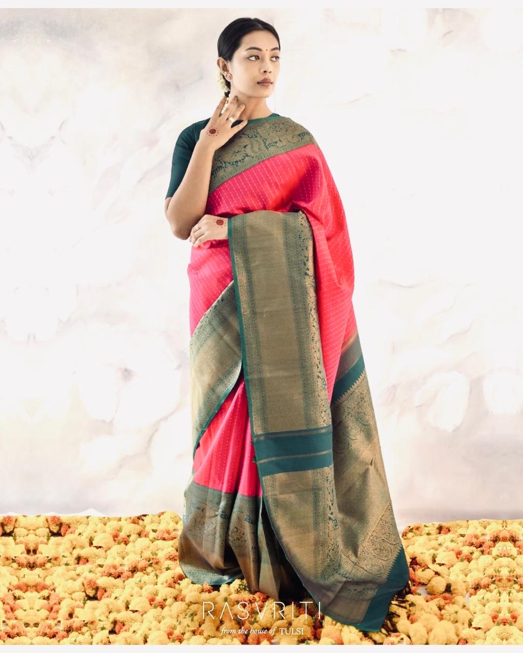 Prettiest Green And Pink Pure Viscose Chiffon Silk Saree With Twirling Blouse Piece