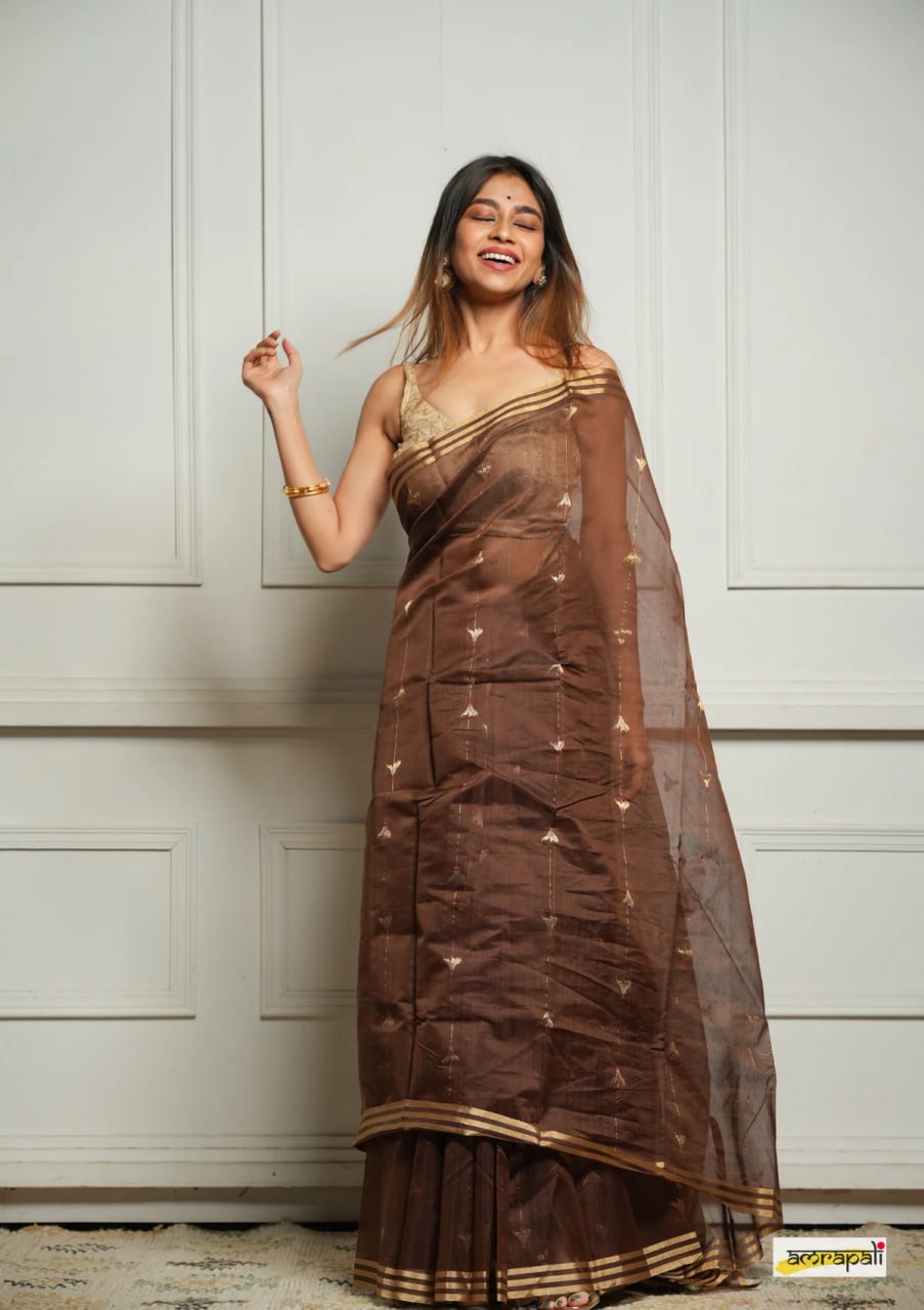 Embellished Brown Cotton Silk Saree With Felicitous Blouse Piece
