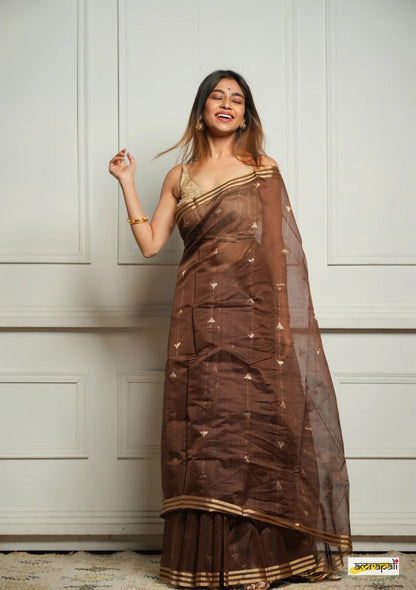 Embellished Brown Cotton Silk Saree With Felicitous Blouse Piece