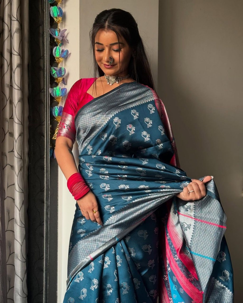 Felicitous Navy Blue Soft Silk Saree With Pretty Blouse Piece