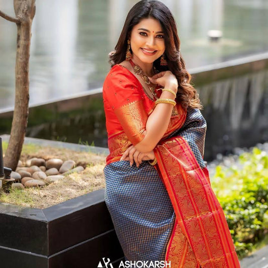 Quixotic Blue Soft Banarasi Silk Saree With Gossamer Blouse Piece