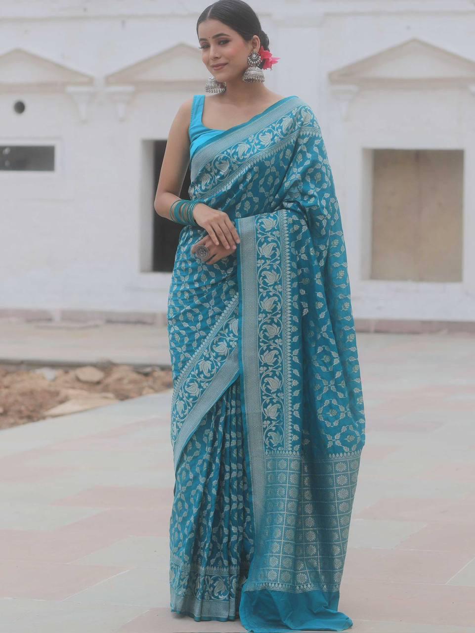 Evocative Blue Soft Silk Saree With Demure Blouse Piece