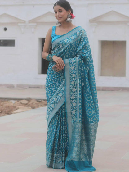 Evocative Blue Soft Silk Saree With Demure Blouse Piece