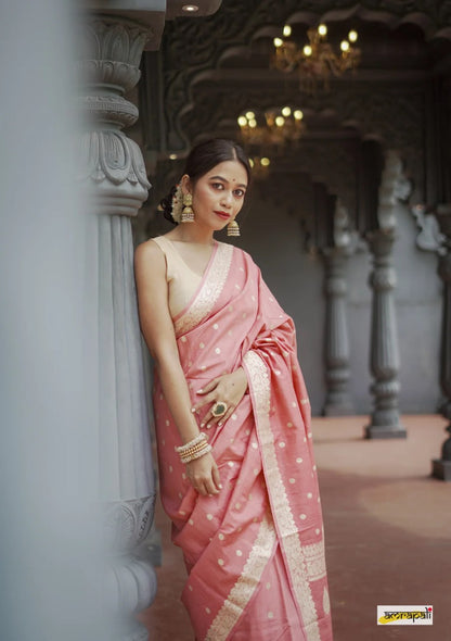 Gleaming Peach Soft Banarasi Silk Saree With Energetic Blouse Piece