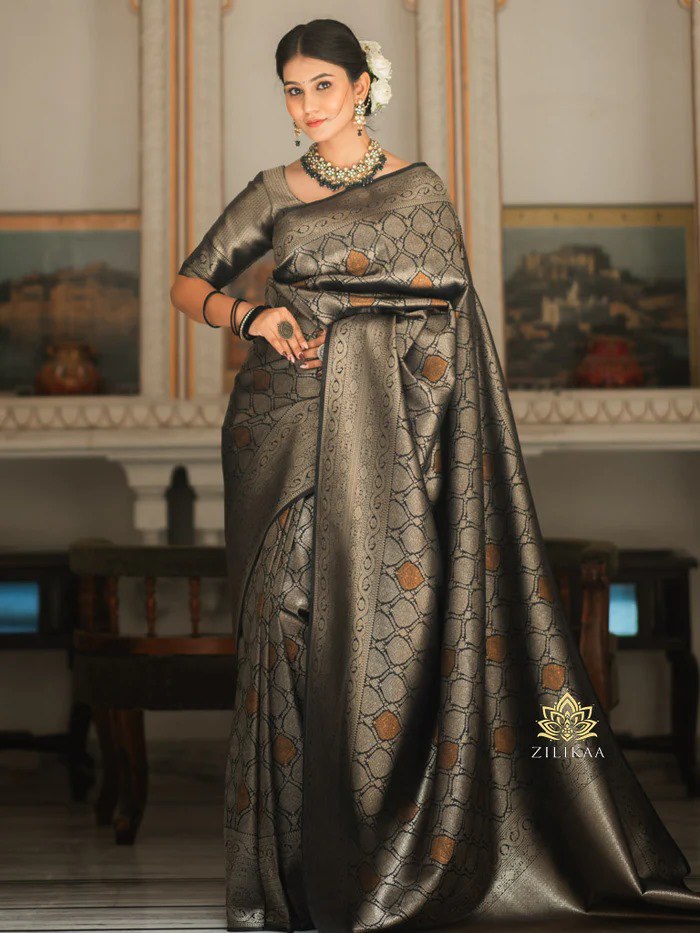 Blooming Black Soft Silk Saree With Impressive Blouse Piece