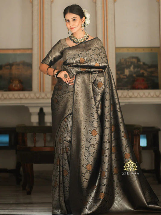 Blooming Black Soft Silk Saree With Impressive Blouse Piece