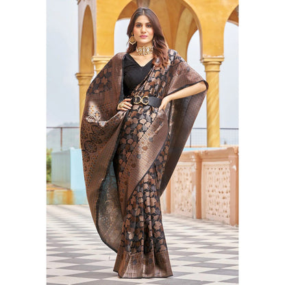 Beauteous Black Soft Silk Saree With Twirling Blouse Piece