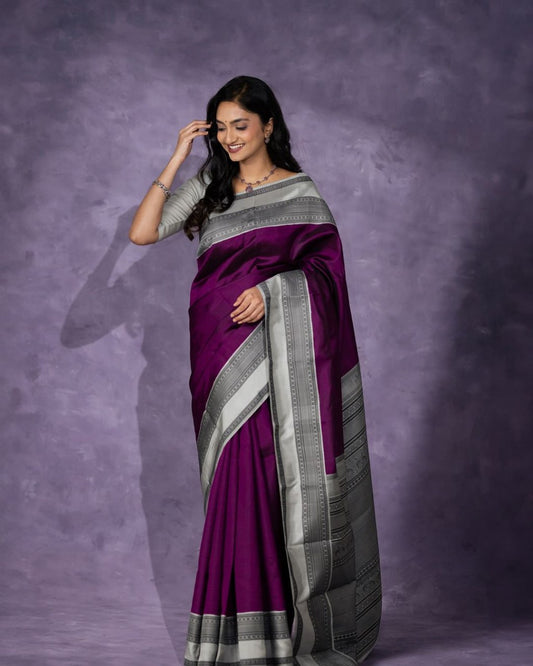 Beautiful Wine Banarasi Satin Silk Saree With Desiring Blouse