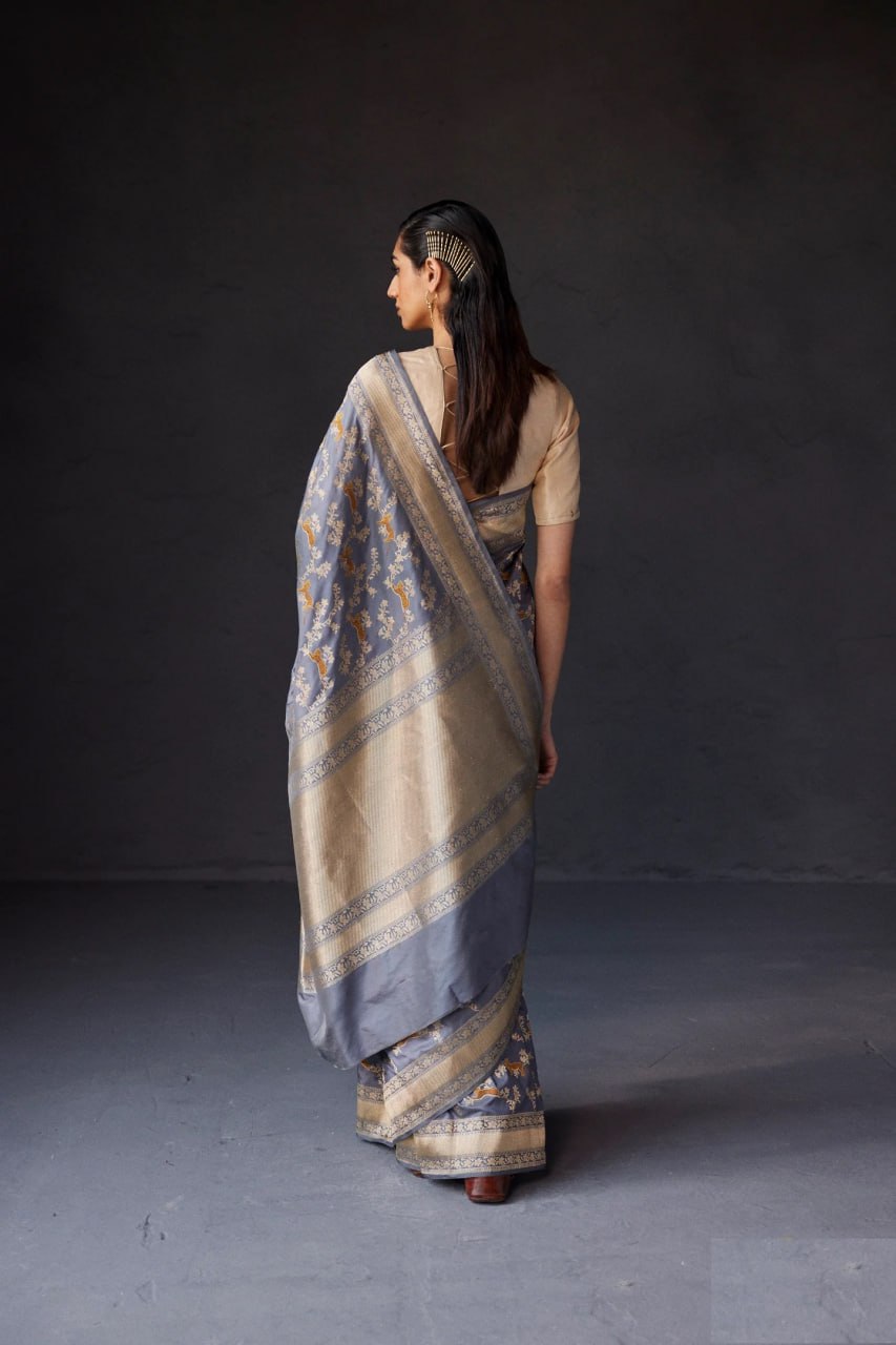 Gratifying Grey Banarasi Silk Saree With Classic Blouse Piece