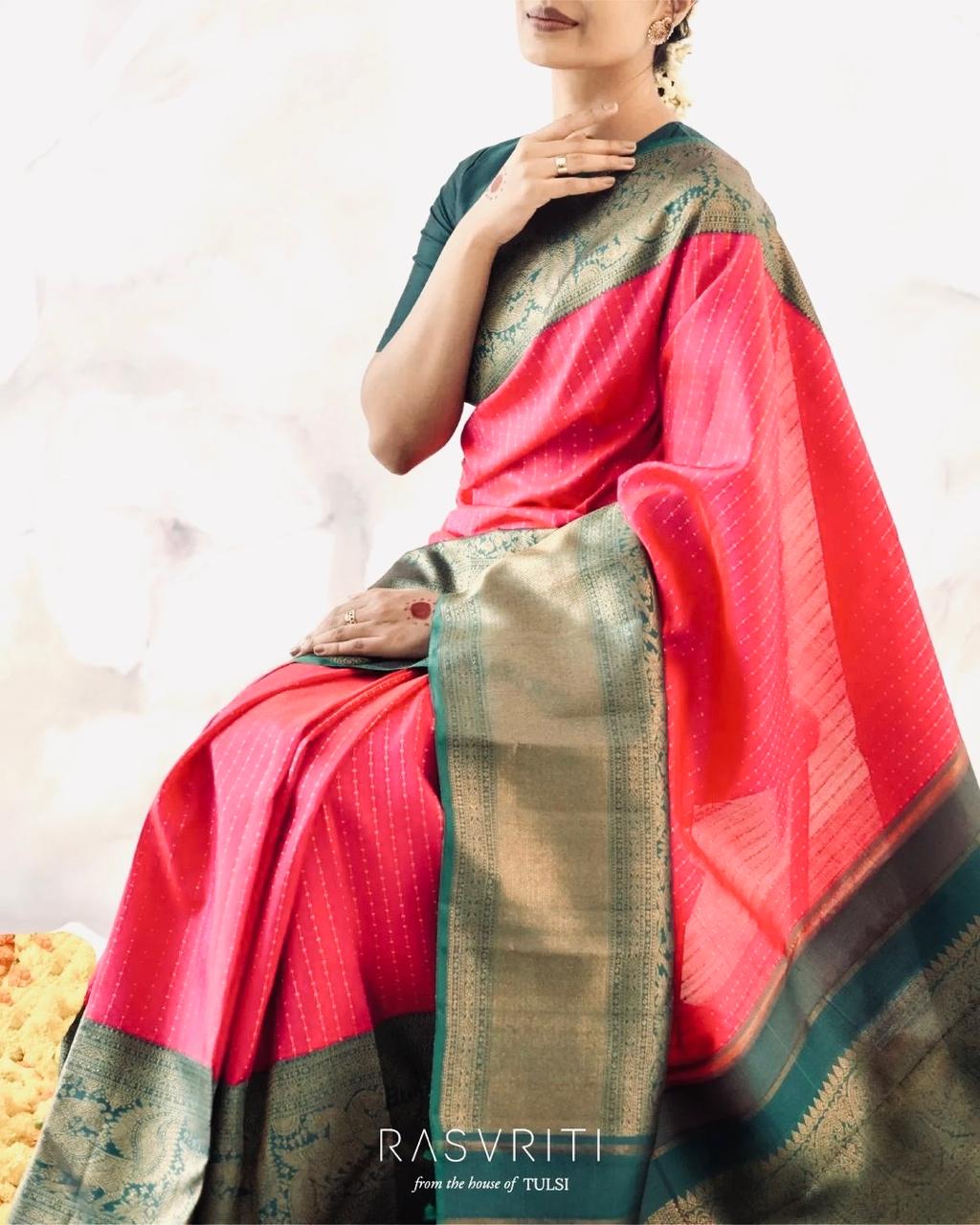Prettiest Green And Pink Pure Viscose Chiffon Silk Saree With Twirling Blouse Piece