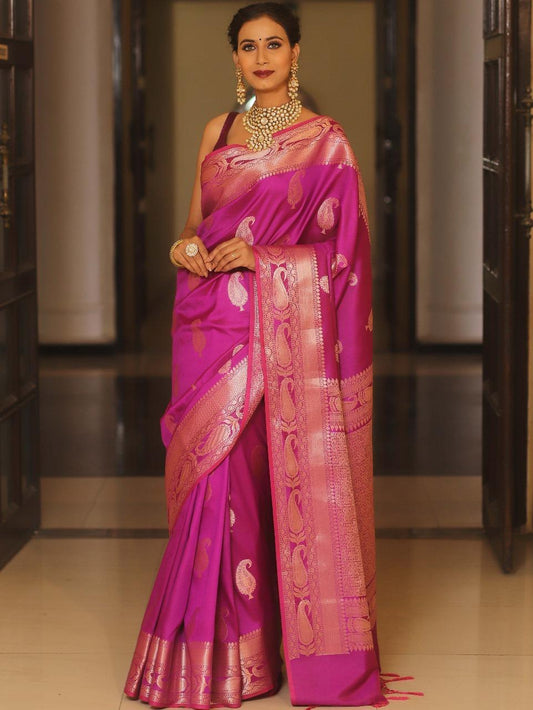 Stylish Pink Soft Silk Saree With Unique Pink Blouse Piece