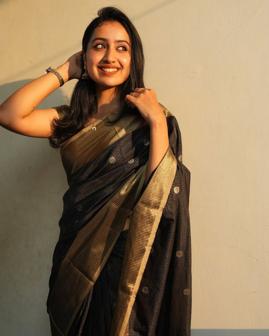 Petrichor Black Soft Silk Saree With Rhapsodic Blouse Piece