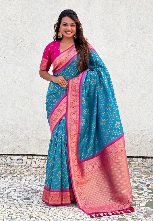 Excellent Teal Blue Soft Banarasi Silk Saree With Lissome Blouse Piece