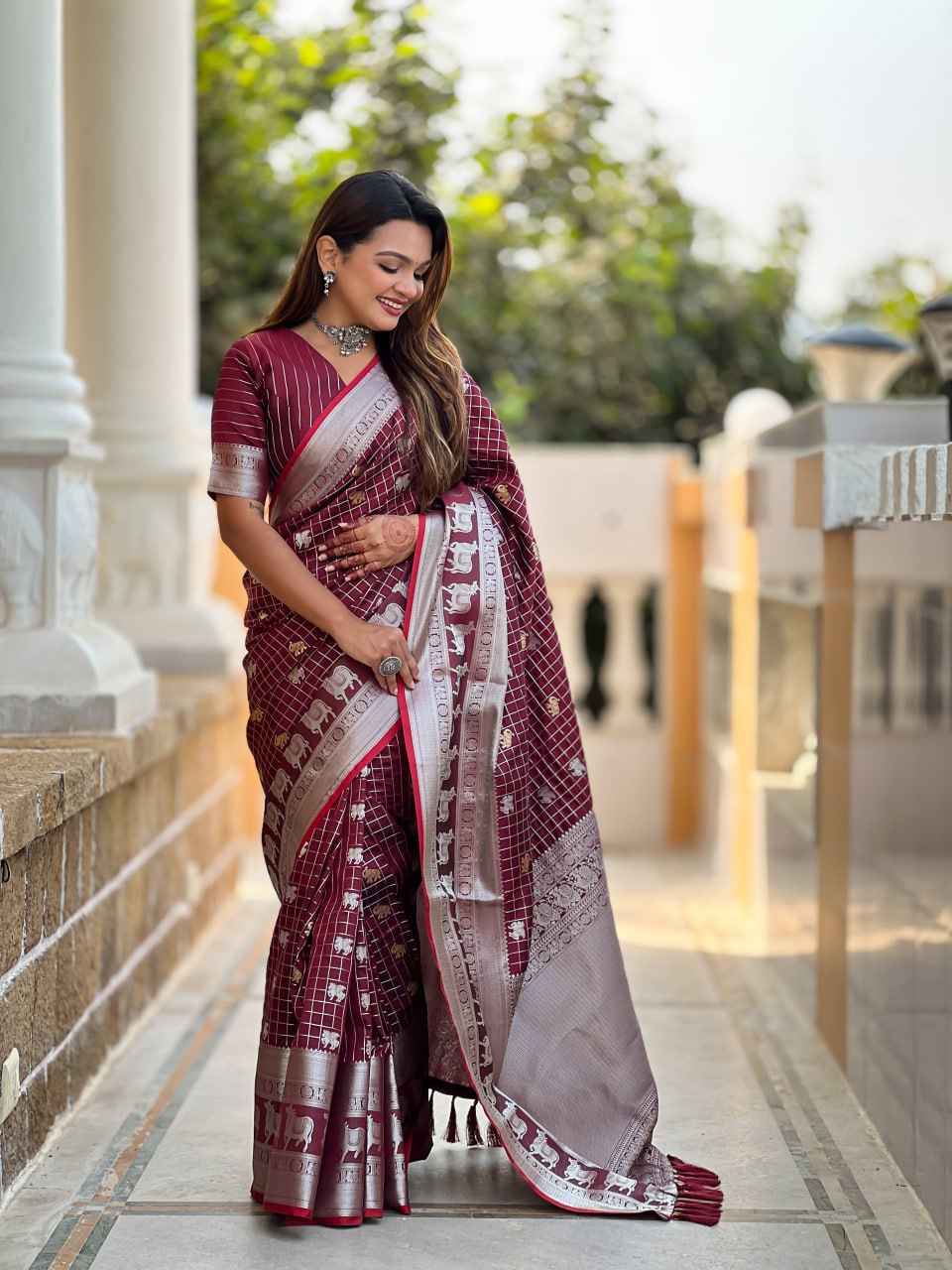 Glowing Brown Sequence Work Jimmy Choo Silk Saree With Fairytale Blouse Piece