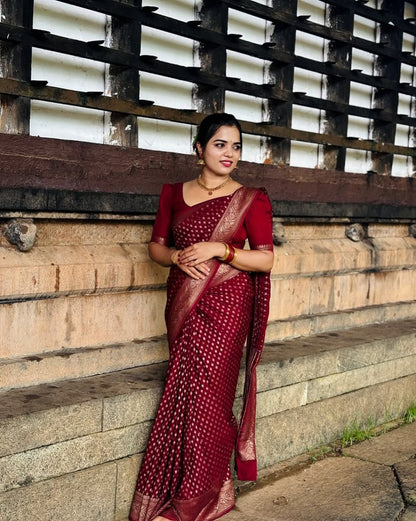Stylish Red Soft Silk Saree With Blooming Blouse Piece