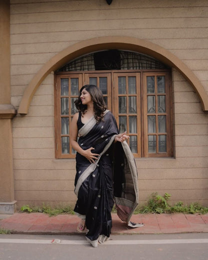 Blooming Black Soft Silk Saree With Impressive Blouse Piece