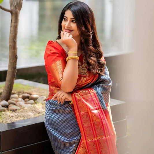 Quixotic Blue Soft Banarasi Silk Saree With Gossamer Blouse Piece