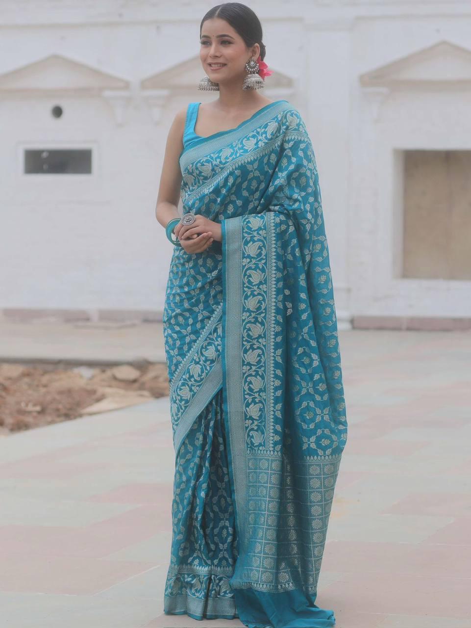 Evocative Blue Soft Silk Saree With Demure Blouse Piece