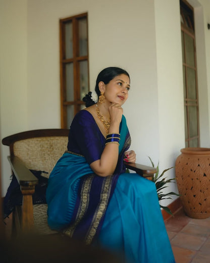 Beautiful Navy Blue Soft Silk Saree With Hypnotic Blouse Piece
