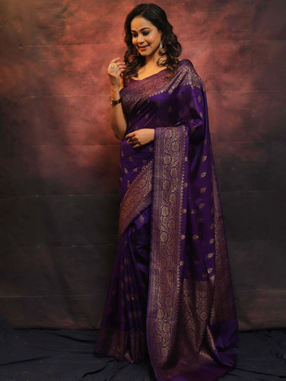 Bollywood Style Purple Cotton Silk Saree With Majestic Blouse Piece