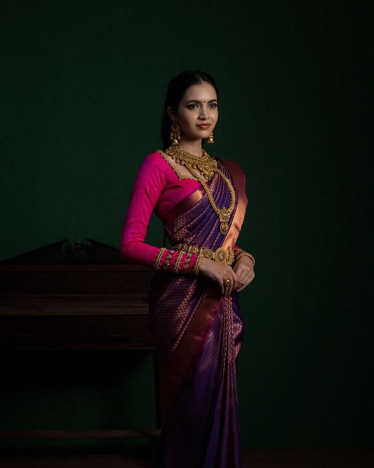 Delightful Purple Soft Banarasi Silk Saree With Classic Blouse Piece