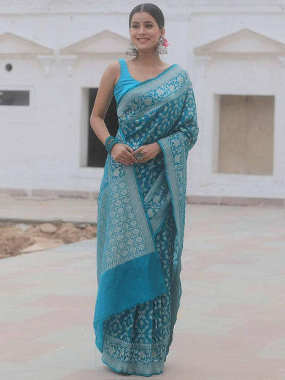 Evocative Blue Soft Silk Saree With Demure Blouse Piece