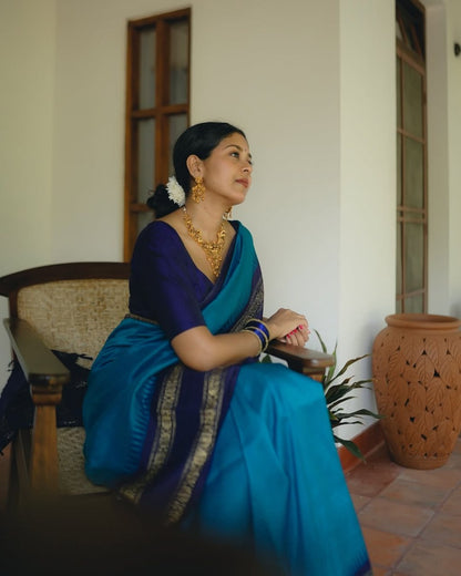 Beautiful Navy Blue Soft Silk Saree With Hypnotic Blouse Piece