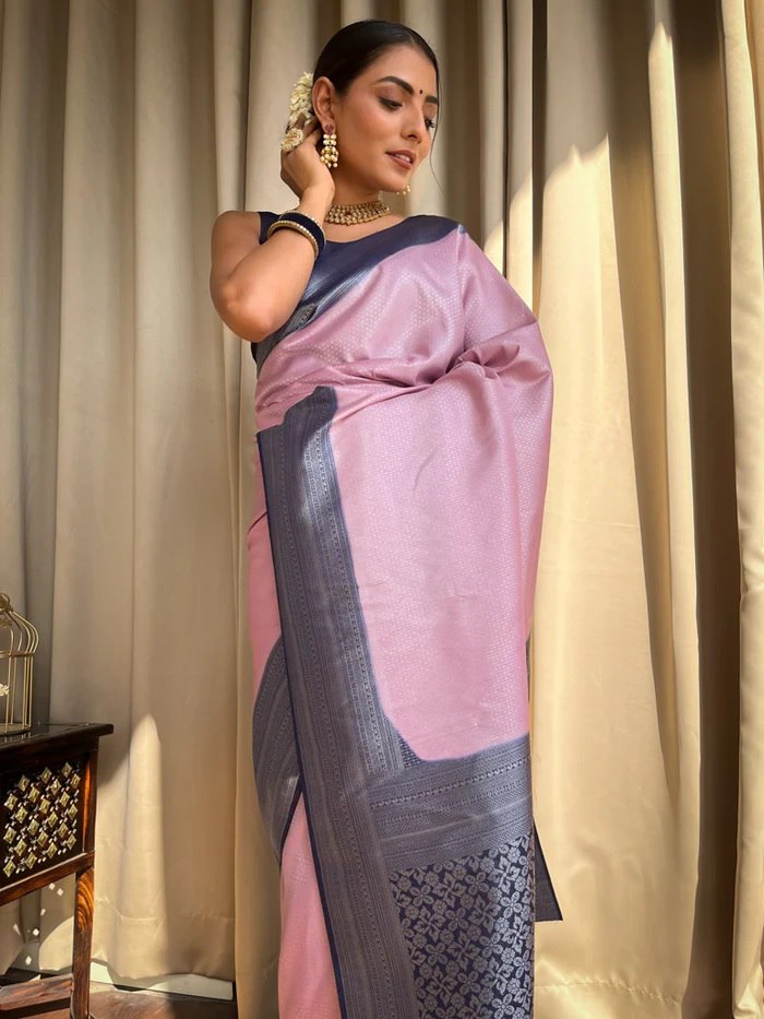 Nectarous Pink and Grey Cotton Silk Saree With Devastating Blouse Piece