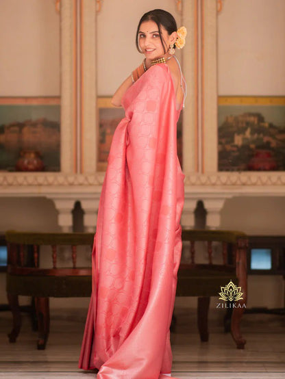 Gleaming Peach Soft Banarasi Silk Saree With Energetic Blouse Piece