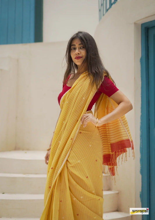 Stunning Yellow Cotton Silk Saree With Glowing Blouse Piece