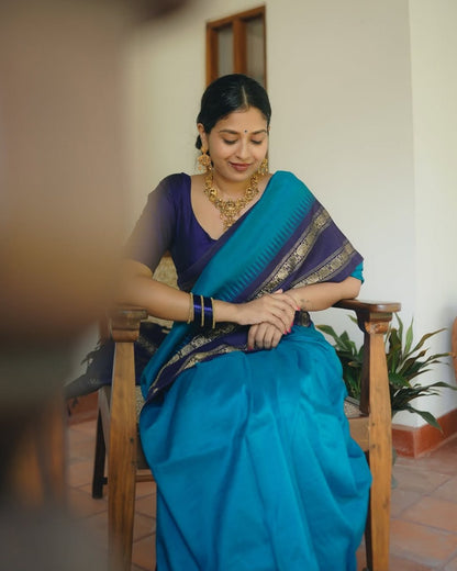 Beautiful Navy Blue Soft Silk Saree With Hypnotic Blouse Piece