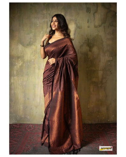Vibrant Brown Soft Silk Saree With Excellent Blouse Piece