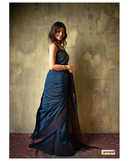Felicitous Navy Blue Soft Silk Saree With Pretty Blouse Piece