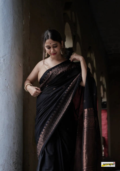 Energetic Black Soft Silk Saree With Delightful Blouse Piece