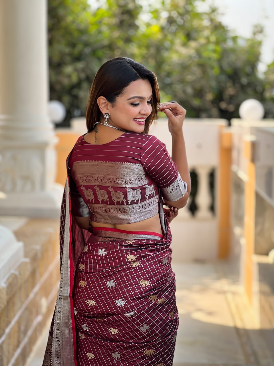 Glowing Brown Sequence Work Jimmy Choo Silk Saree With Fairytale Blouse Piece