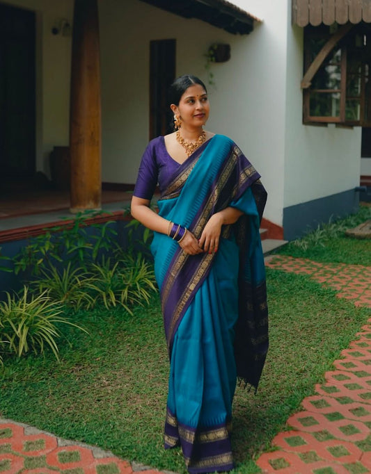 Beautiful Navy Blue Soft Silk Saree With Hypnotic Blouse Piece