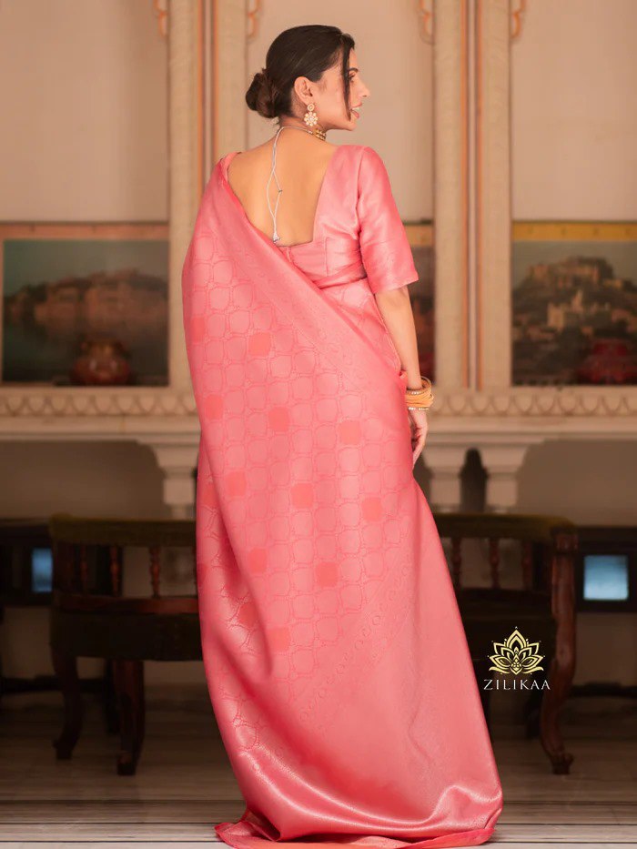 Gleaming Peach Soft Banarasi Silk Saree With Energetic Blouse Piece