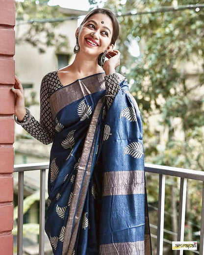 Beautiful Navy Blue Soft Silk Saree With Hypnotic Blouse Piece