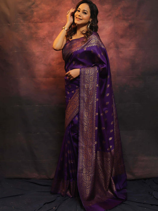 Bollywood Style Purple Cotton Silk Saree With Majestic Blouse Piece