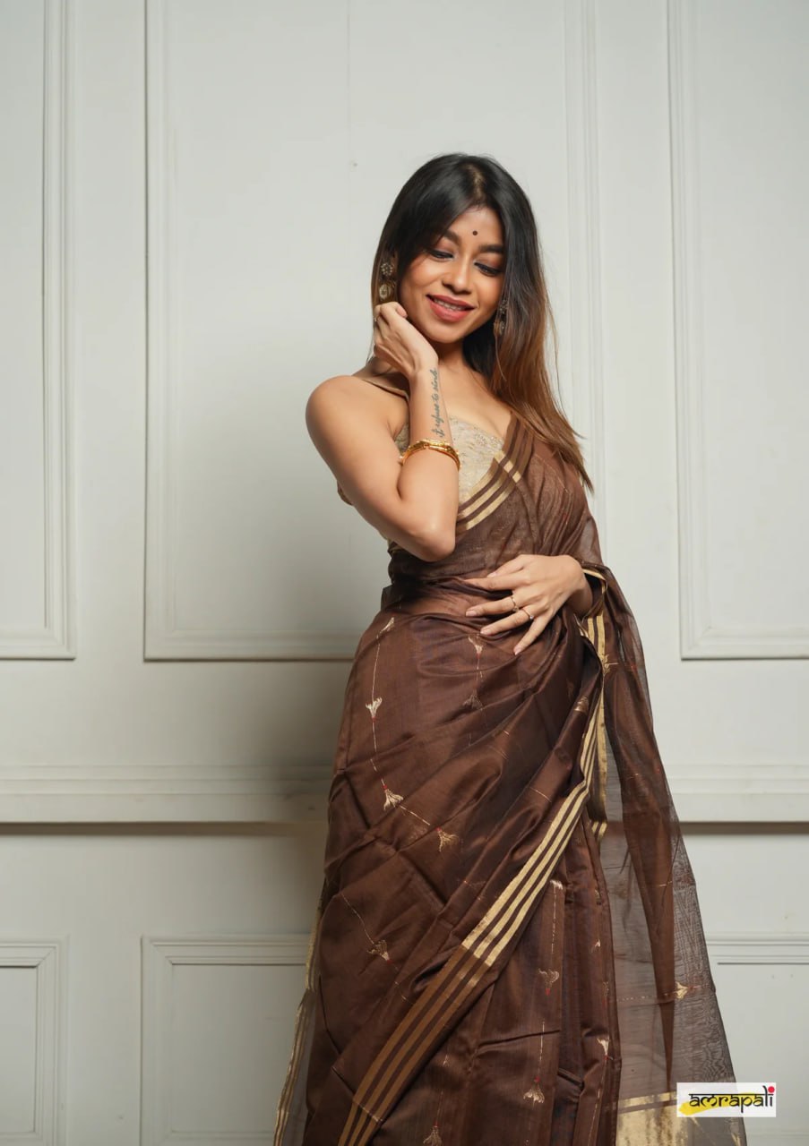 Embellished Brown Cotton Silk Saree With Felicitous Blouse Piece