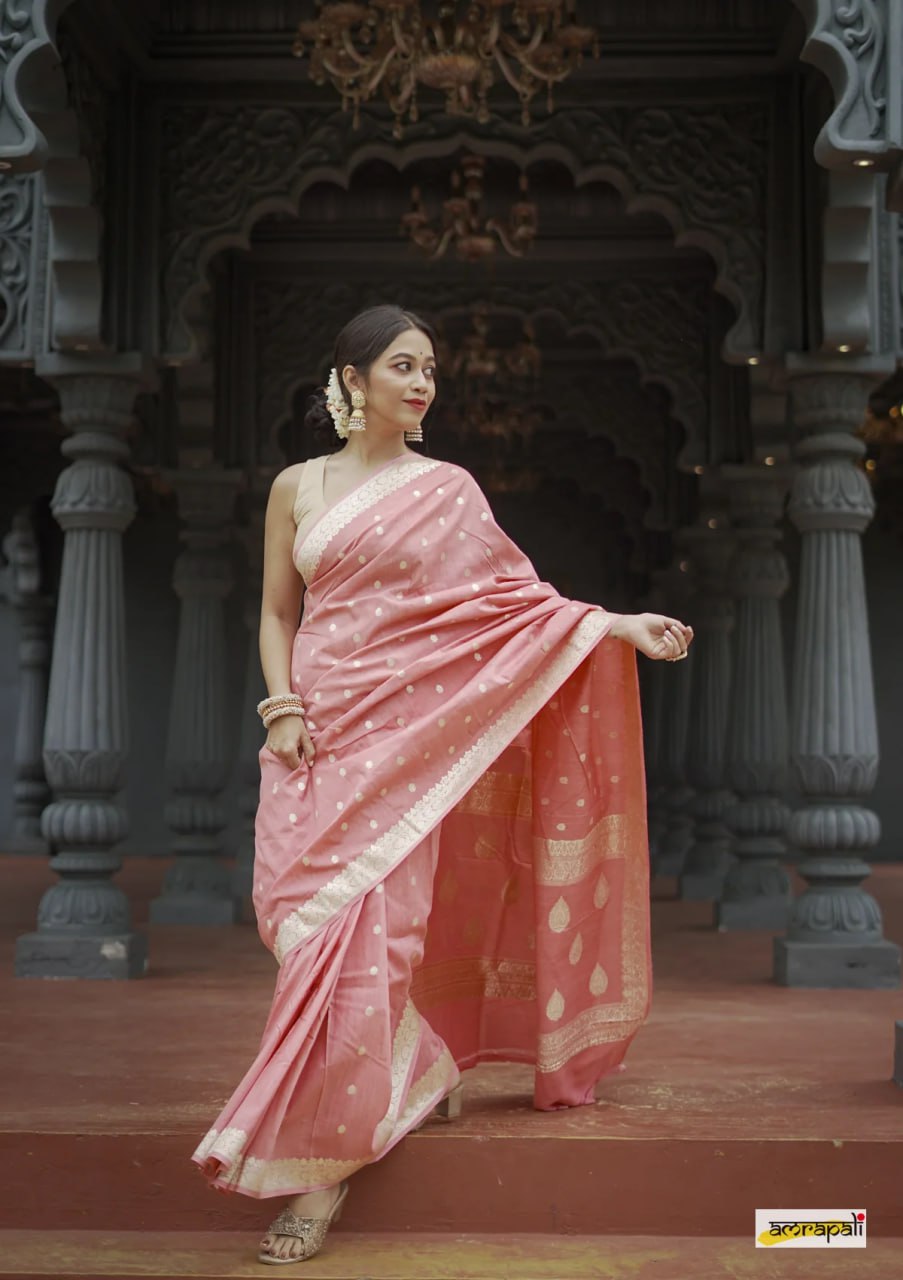 Gleaming Peach Soft Banarasi Silk Saree With Energetic Blouse Piece