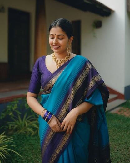Beautiful Navy Blue Soft Silk Saree With Hypnotic Blouse Piece