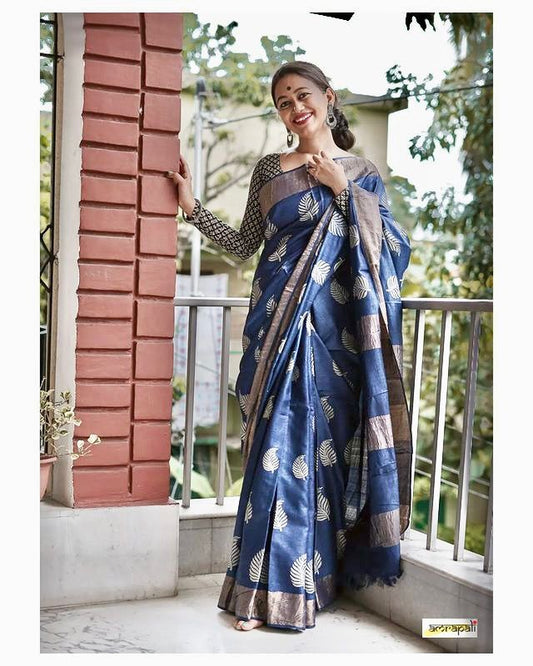 Beautiful Navy Blue Soft Silk Saree With Hypnotic Blouse Piece