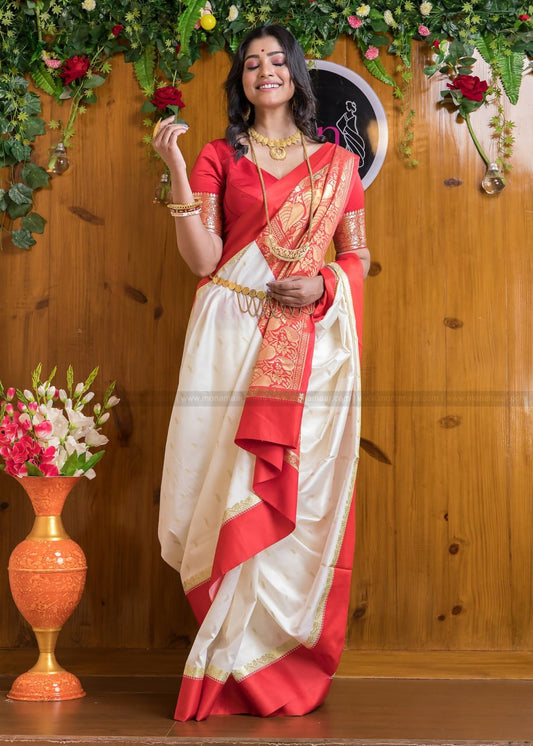 Incomparable White and Orange Orgenza Silk Saree With Fragrant Blouse Piece
