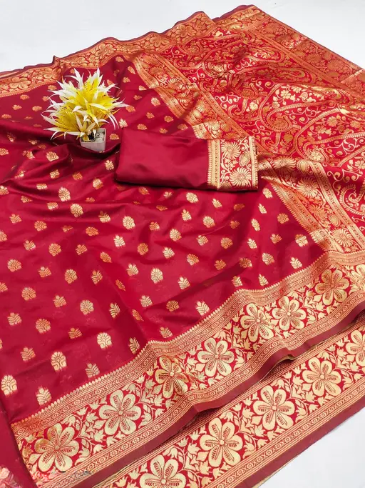 Desirable Red Banarasi Silk Saree With Assemblage Blouse Piece
